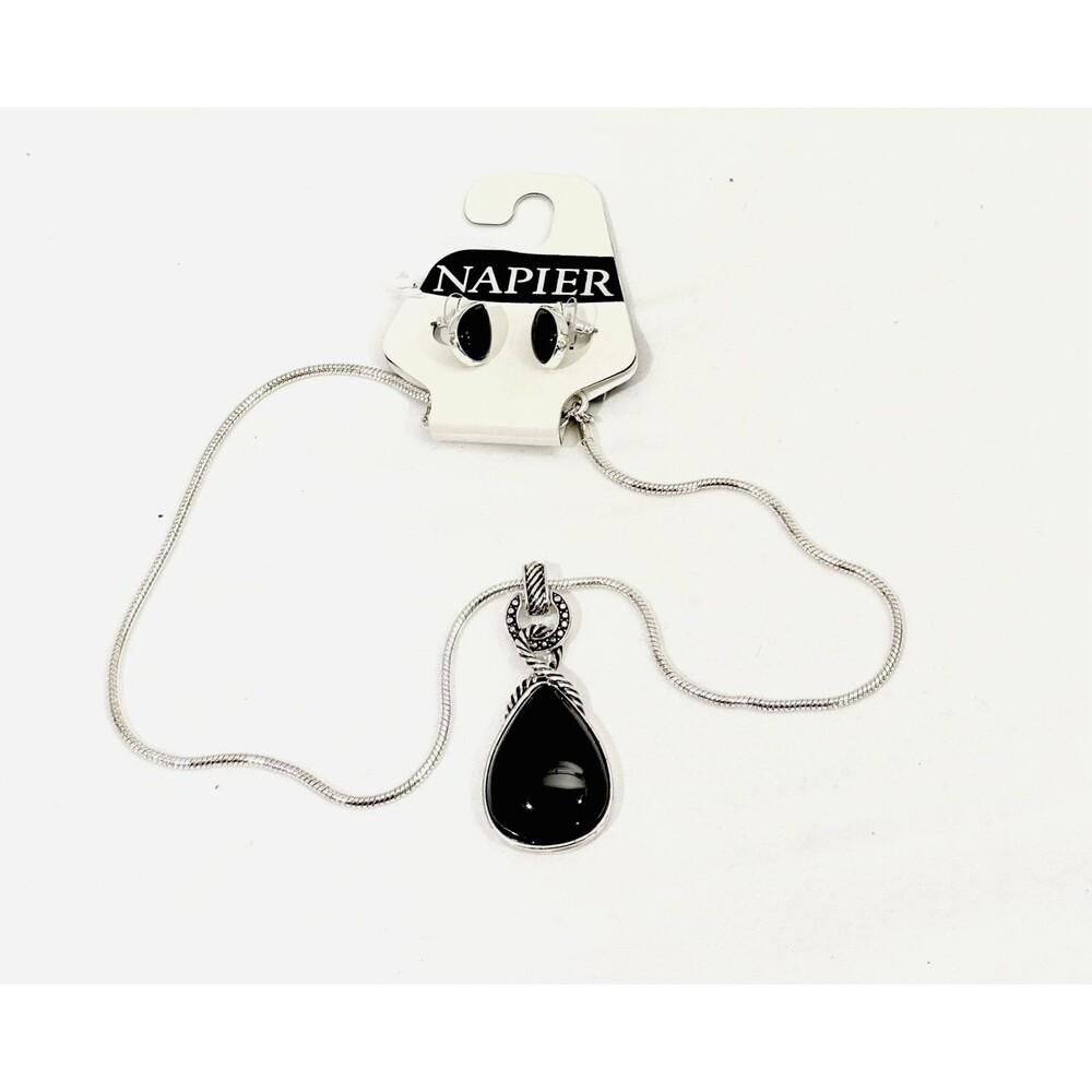Napier Silver Tone Black Teardrop Necklace & Earrings Set
